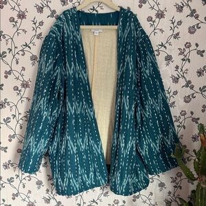 J. Jill Teal and White Open-Front Knit Cardigan